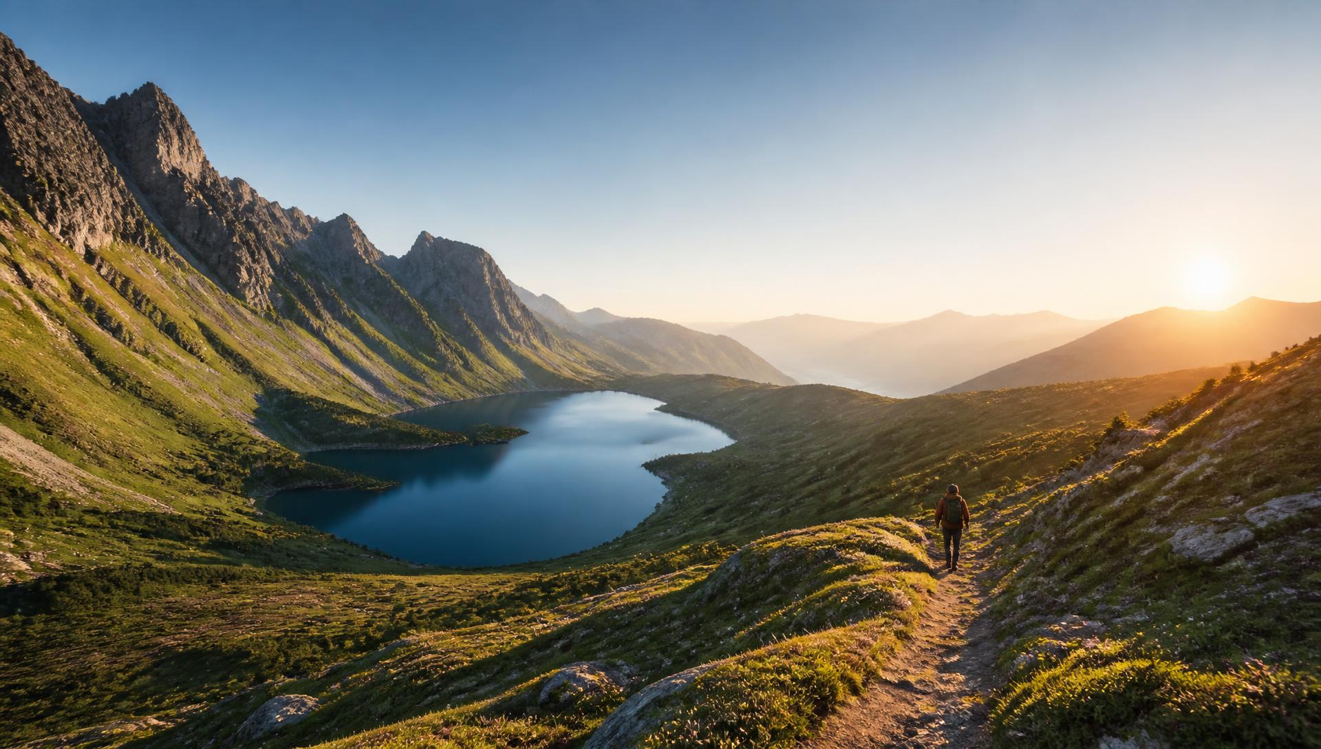 Traveler overlooking a mountain lake and distant peaks